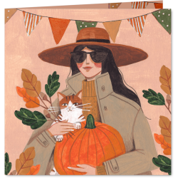 Aanbieding voor Verjaardagskaart vrouw met kat en pompoen in de herfst