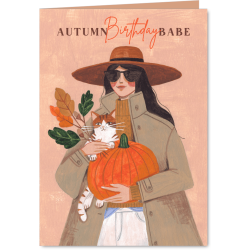 Aanbieding voor Verjaardagskaart herfst vrouw met kat en pompoen